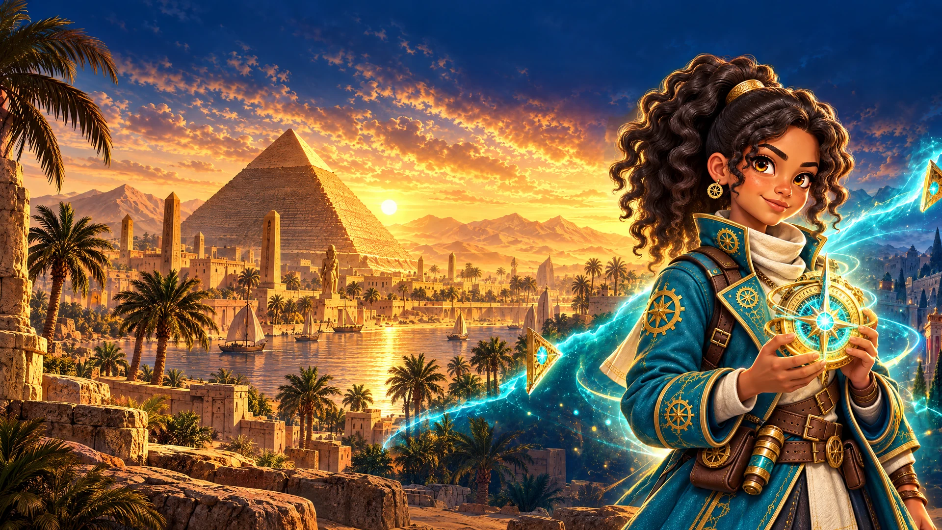 Nuri holds her glowing compass above Giza as a bright time rift crosses the landscape.
