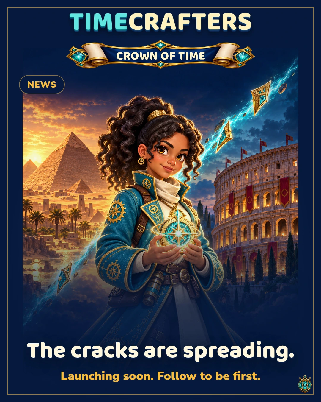 The TimeCrafters launch poster: Nuri between Egypt and Rome, holding her glowing compass.